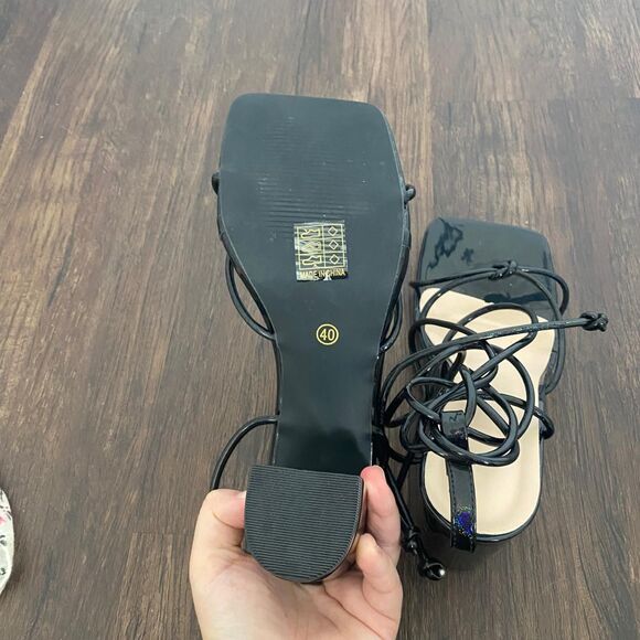 Black Glitter Iridescent Glam Square Open Toe Block Heel Lace Up Sandals US 9.5 - Picture 6 of 8